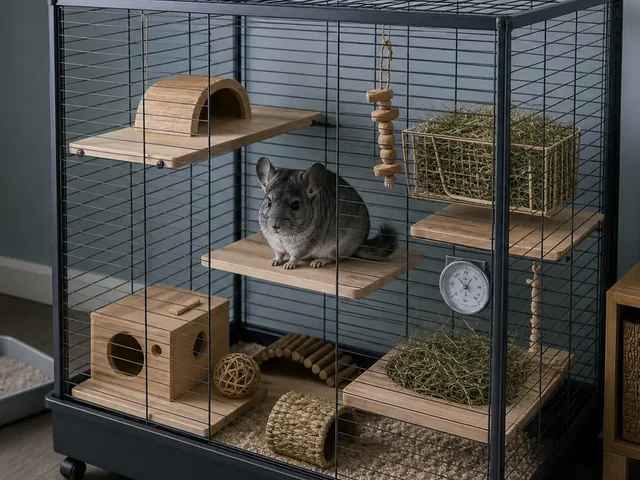 Well-ventilated chinchilla habitat in a cool dry room.