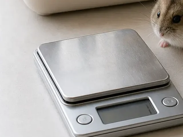 Digital gram scale for dwarf hamster weight checks.