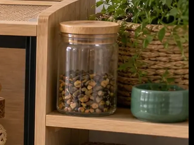 Lidded jar of dwarf hamster food on a storage shelf beside the habitat.