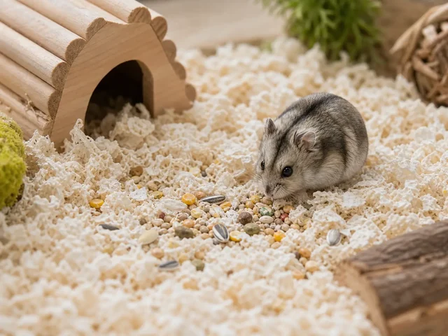 Dwarf hamster near scattered food in deep bedding for monitored foraging.