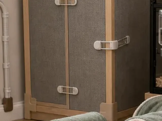 Cabinet latches installed on low storage doors for ferret proofing.
