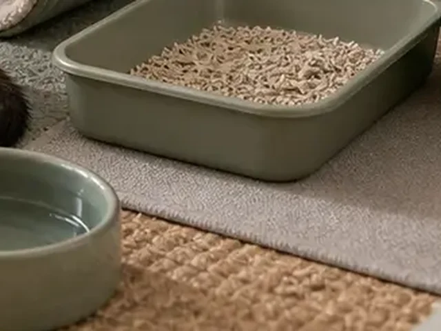 Low-entry ferret litter box in a washable play area.