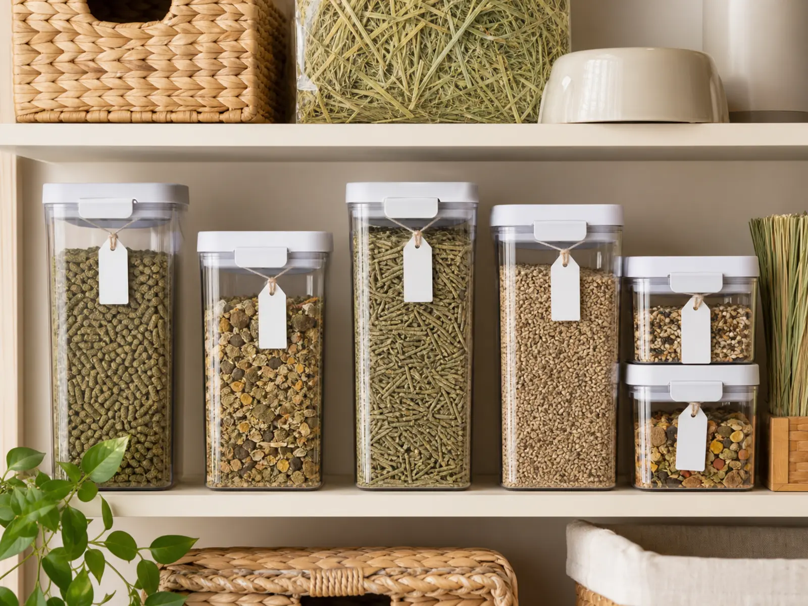 Clear airtight food containers with plain dry pet food on a shelf