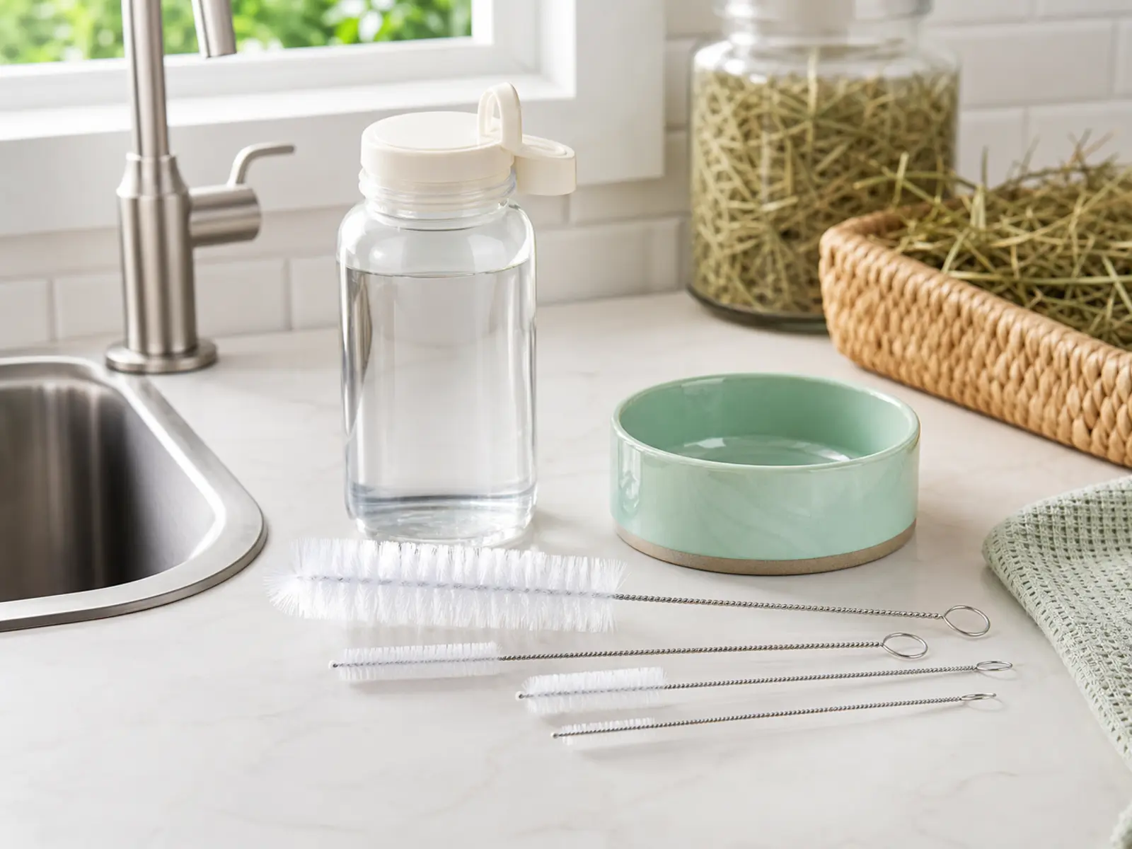 Small bottle brush set beside clean bowls and a water bottle