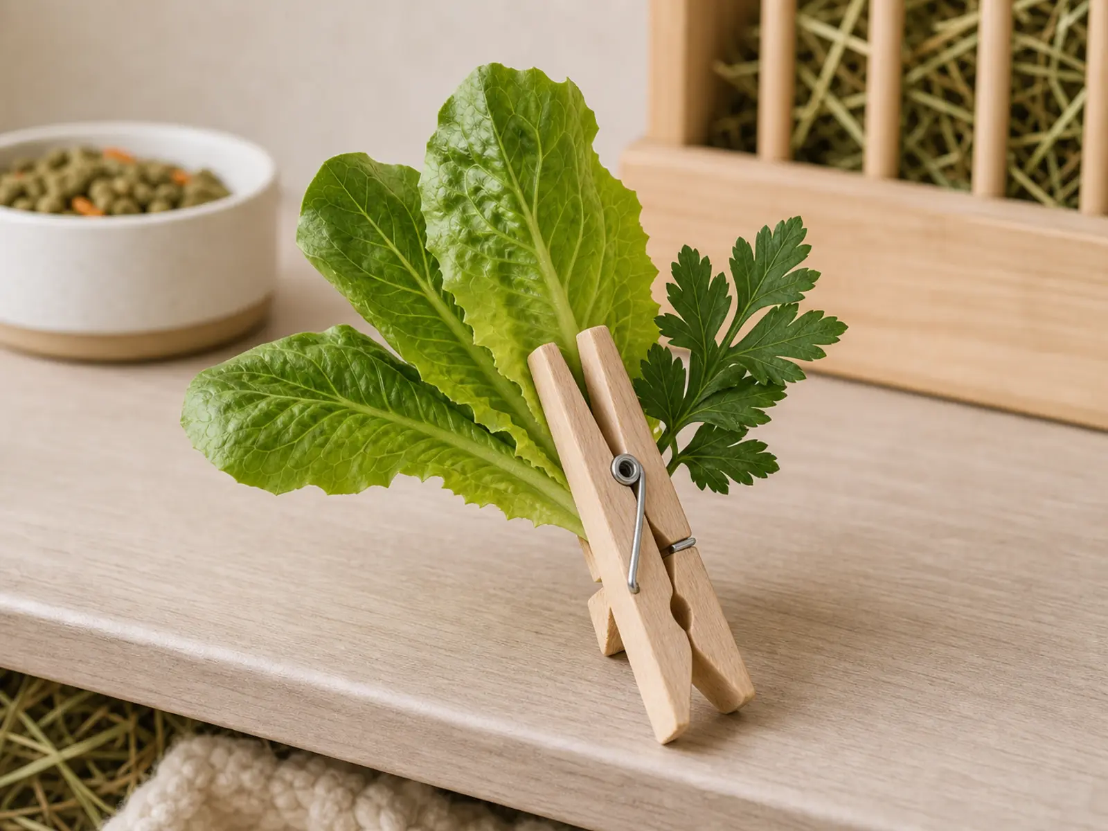 Small treat clip holding leafy greens against a neutral pet-care backdrop
