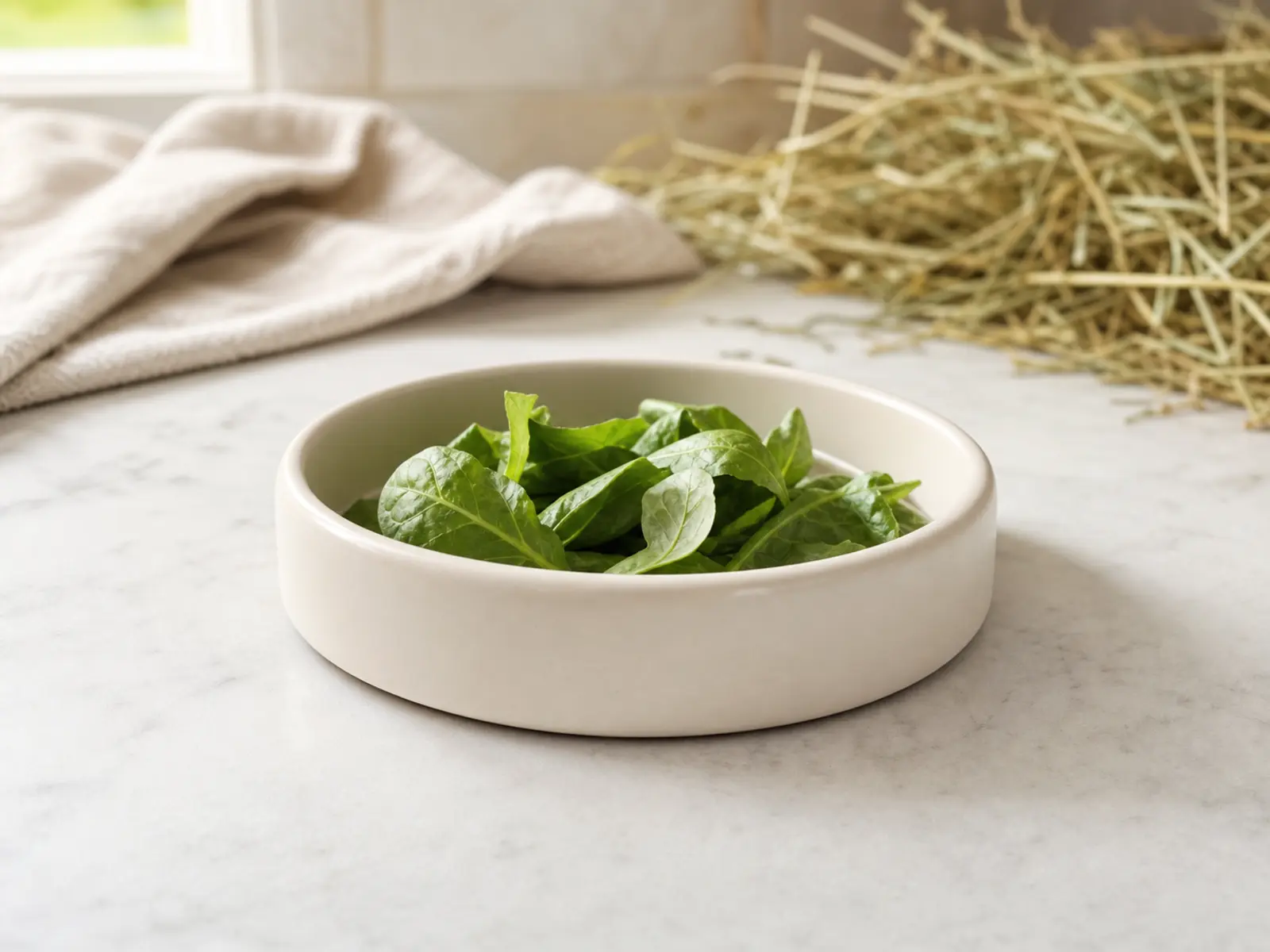Small ceramic food dish with plain greens on a bright counter