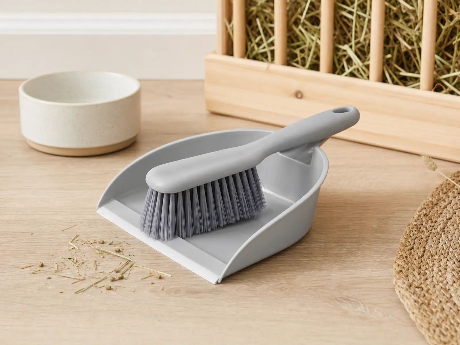 Small dustpan and brush with hay crumbs on a clean floor