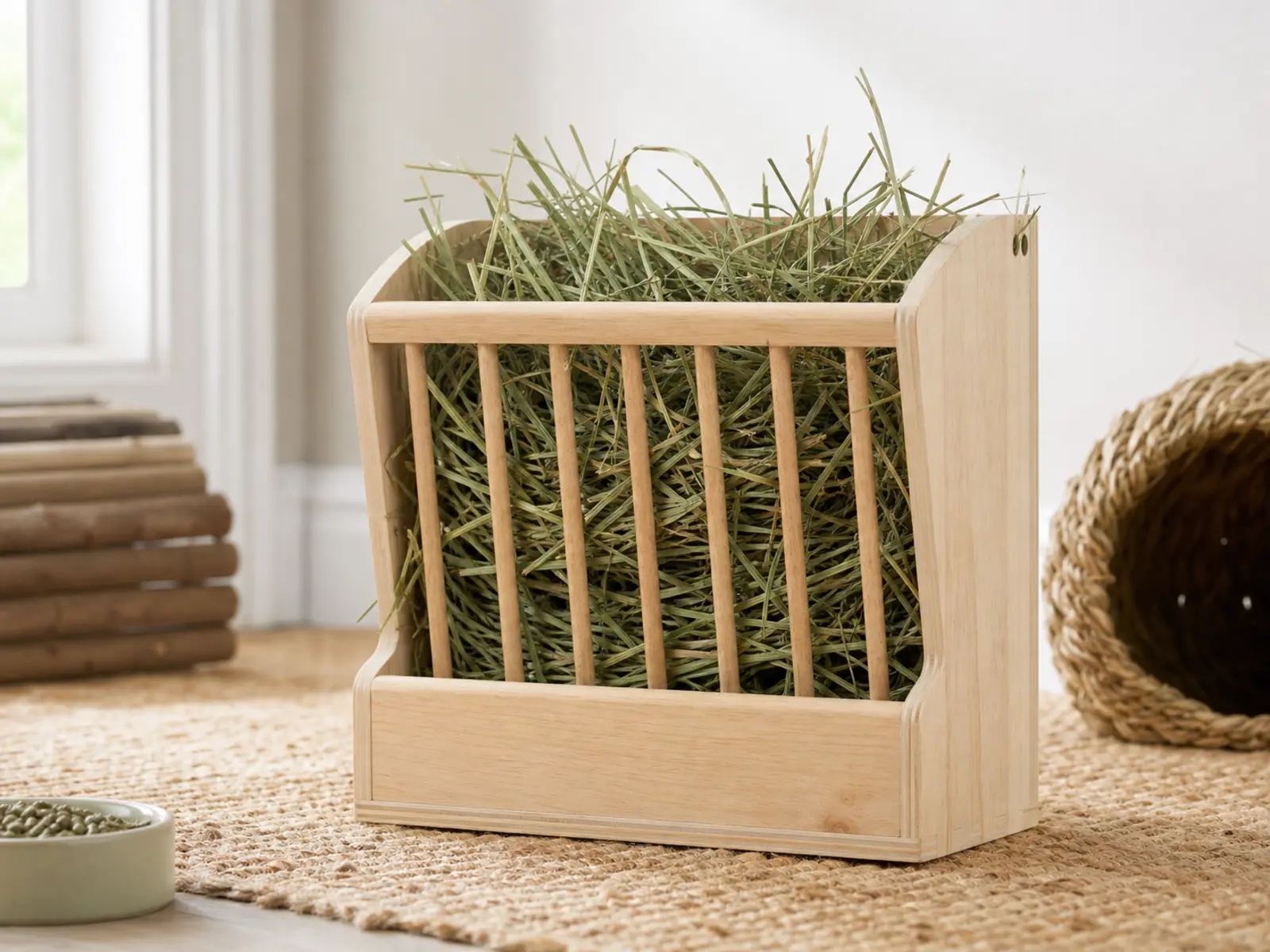 Small animal hay feeder filled with clean hay against a neutral backdrop