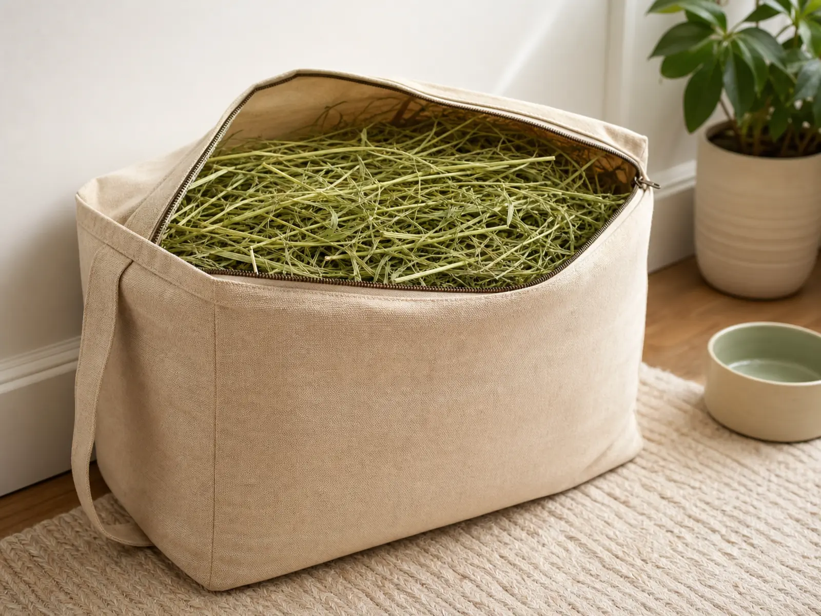 Canvas hay storage bag with clean timothy hay near a feeding area