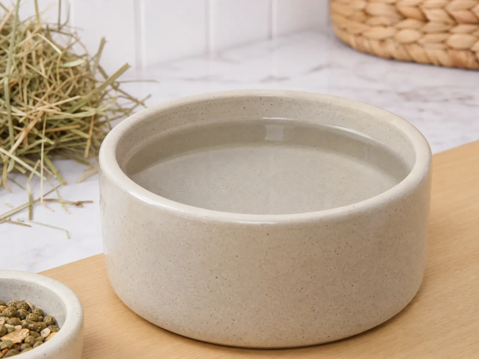 Heavy ceramic water crock with clean water on a pet-care counter