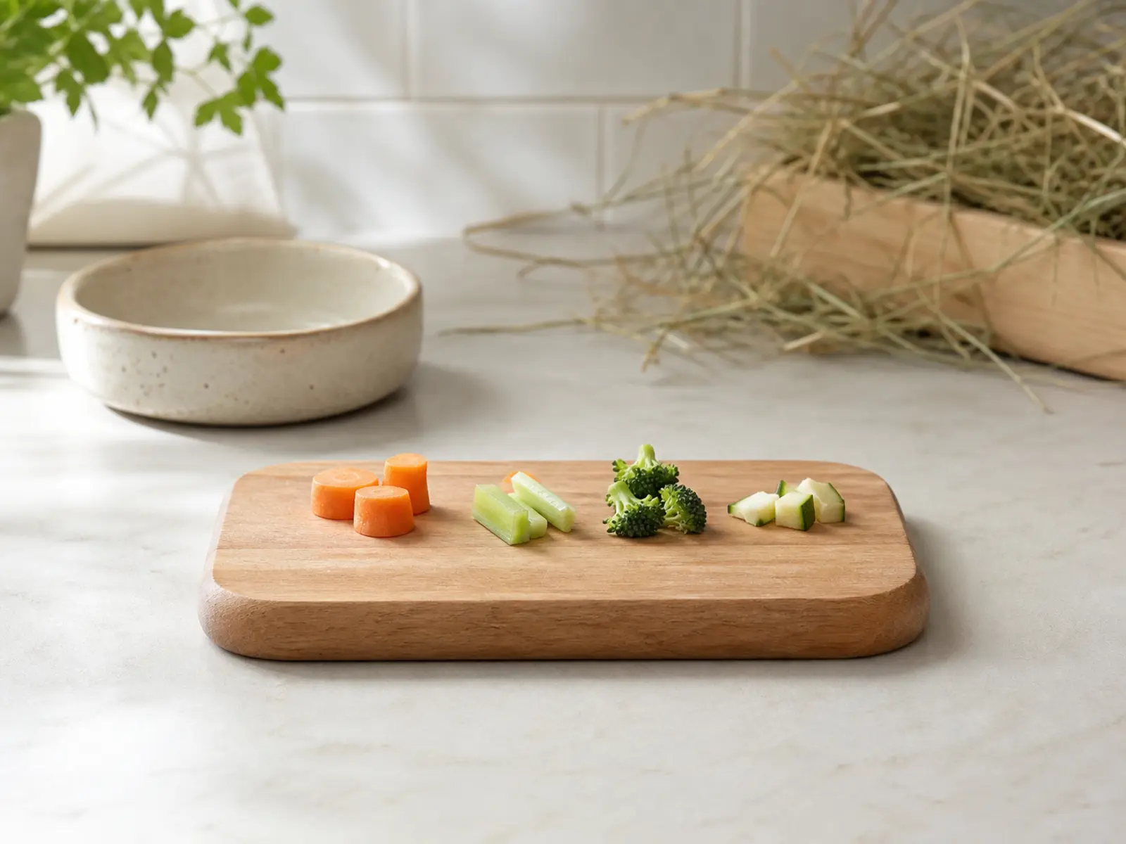 Small cutting board with plain vegetable pieces and no seasoning