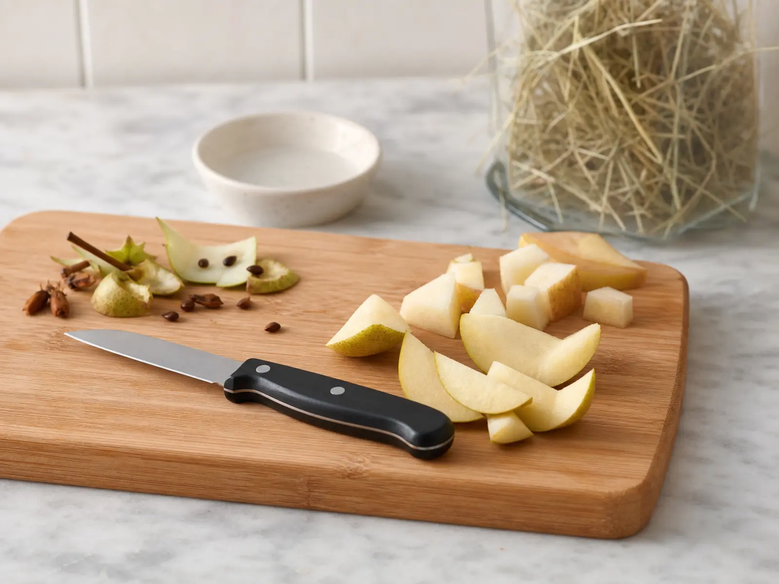 Paring knife beside trimmed fruit pieces on a clean board