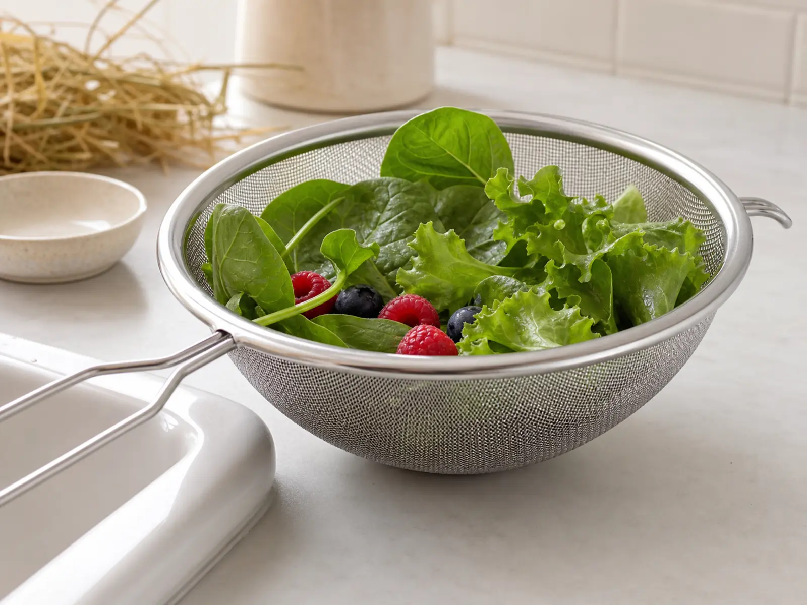 Fine mesh produce strainer with rinsed greens on a kitchen counter