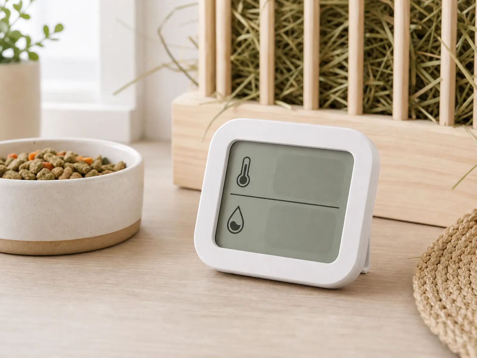 Digital room thermometer and hygrometer beside hay and a food dish