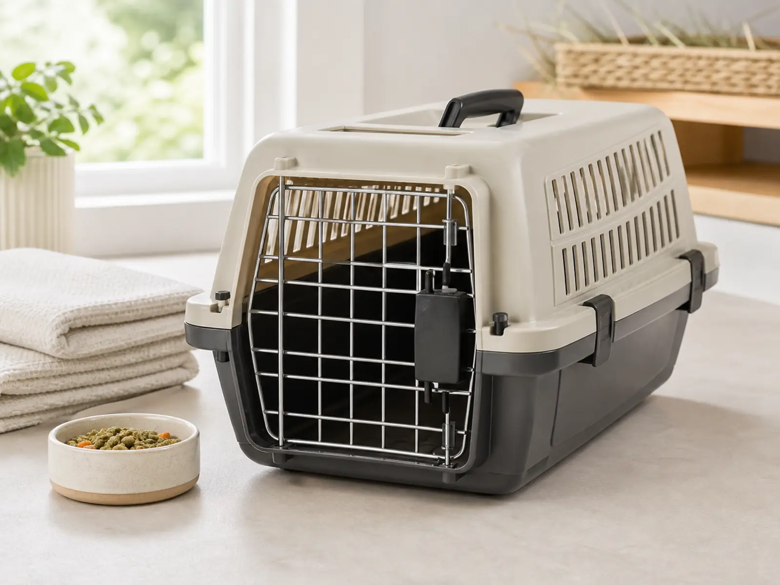 Clean small animal carrier near a pet-care counter