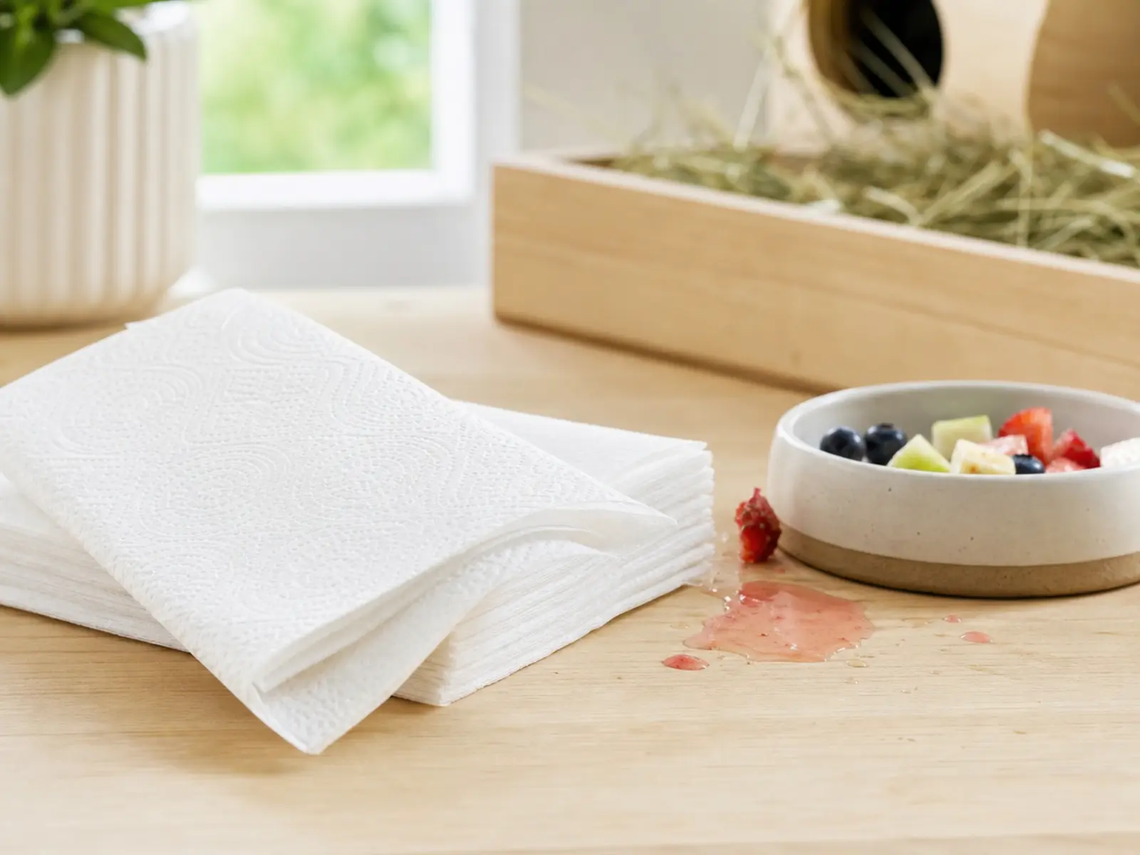 Plain white paper towels beside a small food cleanup area