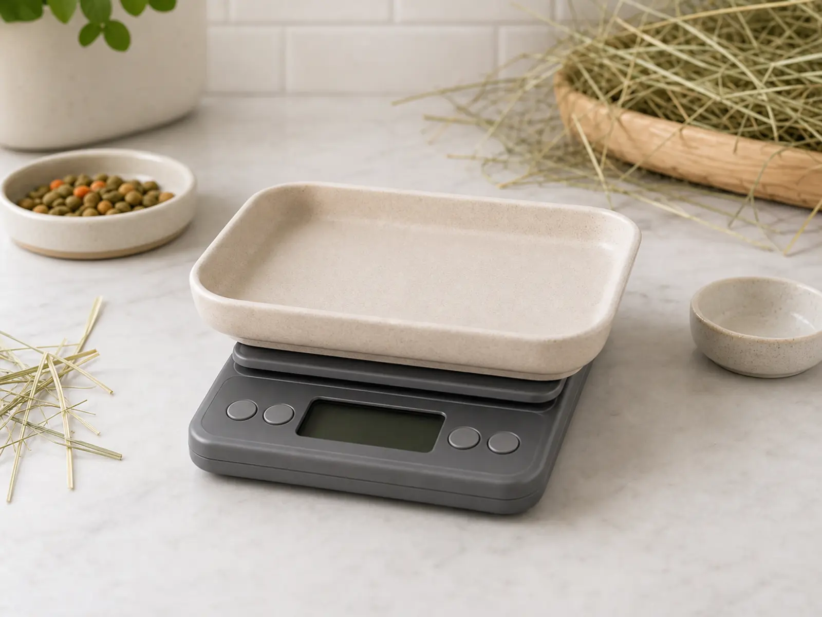 Shallow weighing tray on a digital scale in a tidy pet-care setup