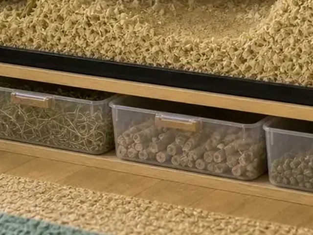 Clear storage containers under a gerbil habitat for food and care supplies.