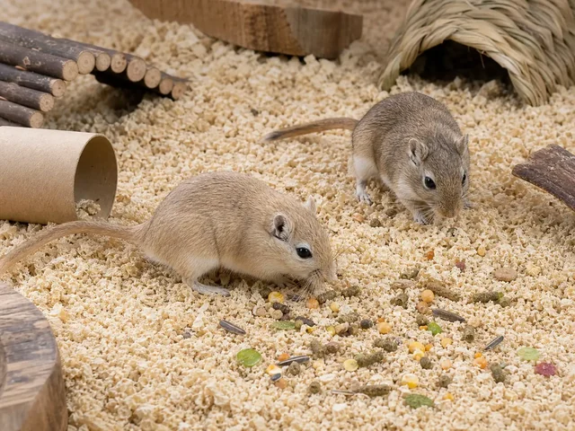 Gerbils near scattered food in deep bedding for monitored foraging.