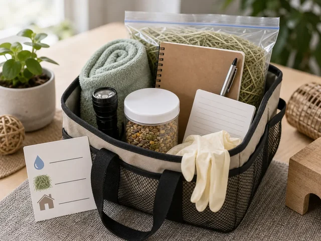 Small mammal emergency kit tote with towel, vet notes, normal food sample, water plan, gloves, and flashlight.
