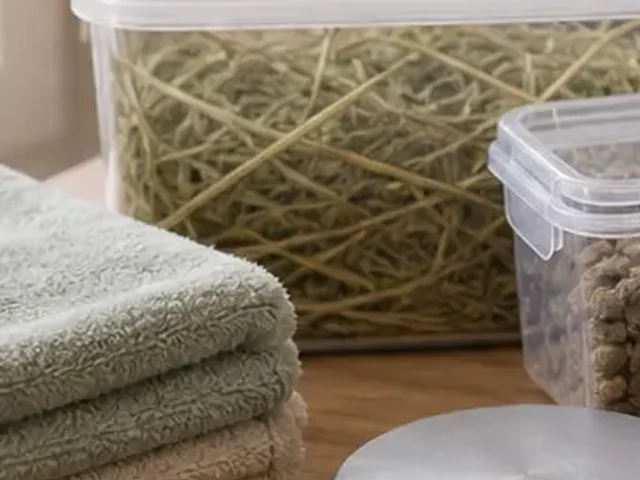 Dry container of clean hay for small herbivore storage.