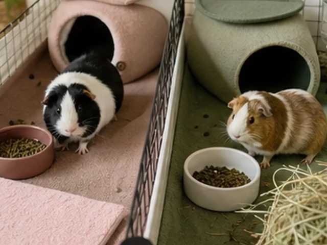 Two-exit guinea pig hideouts in a roomy floor-level habitat.