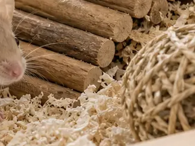 Mouse-safe woven foraging ball in a habitat.