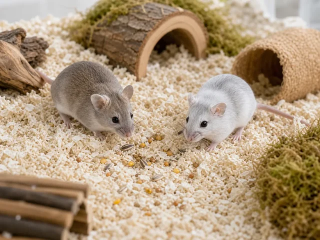 Mice near scattered food in deep bedding for monitored foraging.