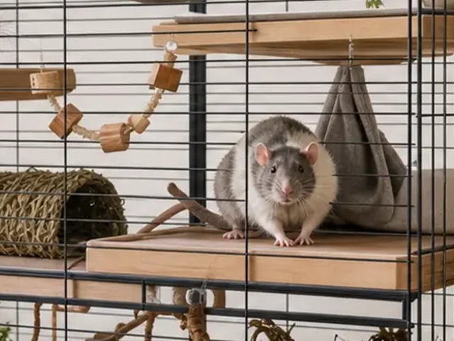 Solid covered shelves inside a rat cage.