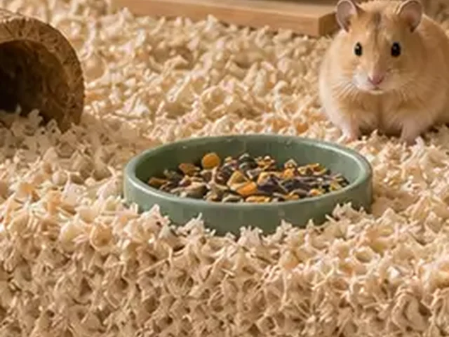 Ceramic hamster food bowl in a deep-bedding habitat.