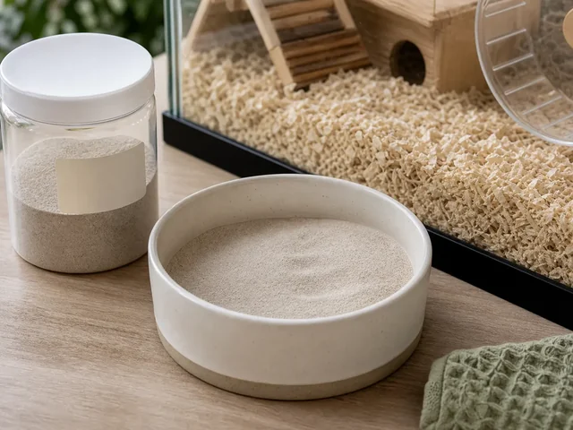 Dry hamster-safe sand in a shallow removable grooming dish.