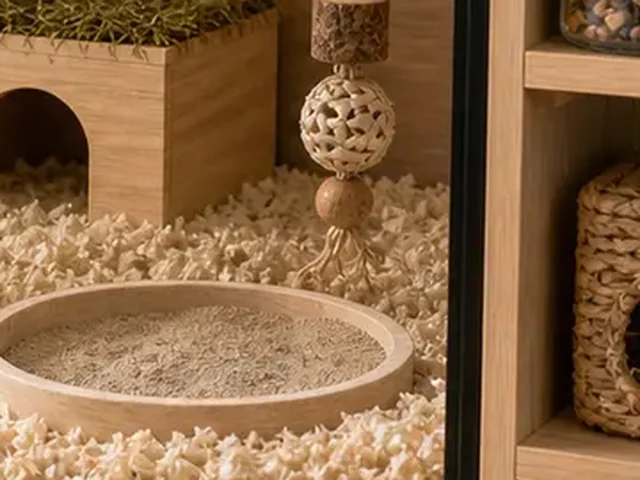 Wooden multi-chamber hide in a hamster habitat.