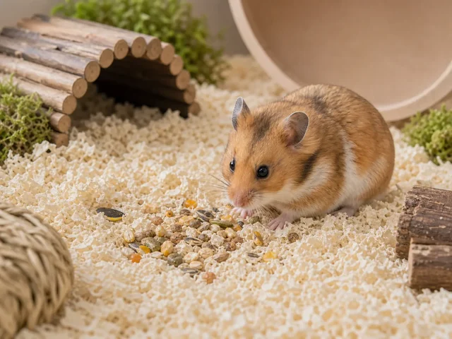 Syrian hamster near a small scatter-feeding area in deep bedding.