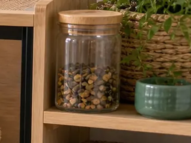 Lidded jar of hamster seed mix on a storage shelf beside the habitat.