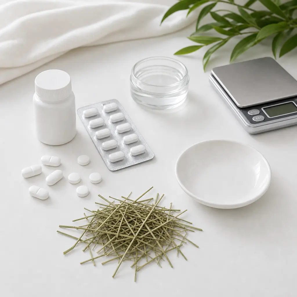 White caplets, round tablets, a plain blister strip, and an unlabeled bottle kept away from an empty saucer, hay, water, and a gram scale.