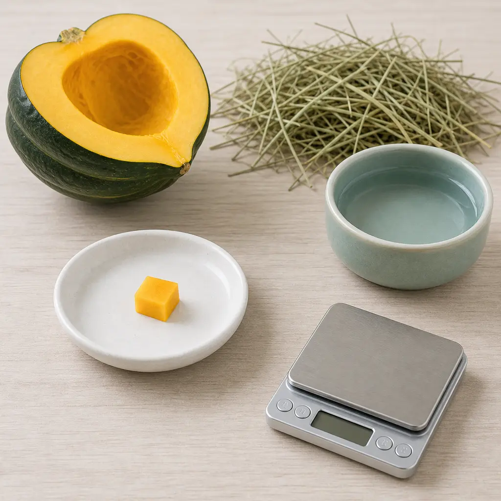 Tiny plain acorn squash cube on a saucer beside halved acorn squash, clean hay, water, and a gram scale.