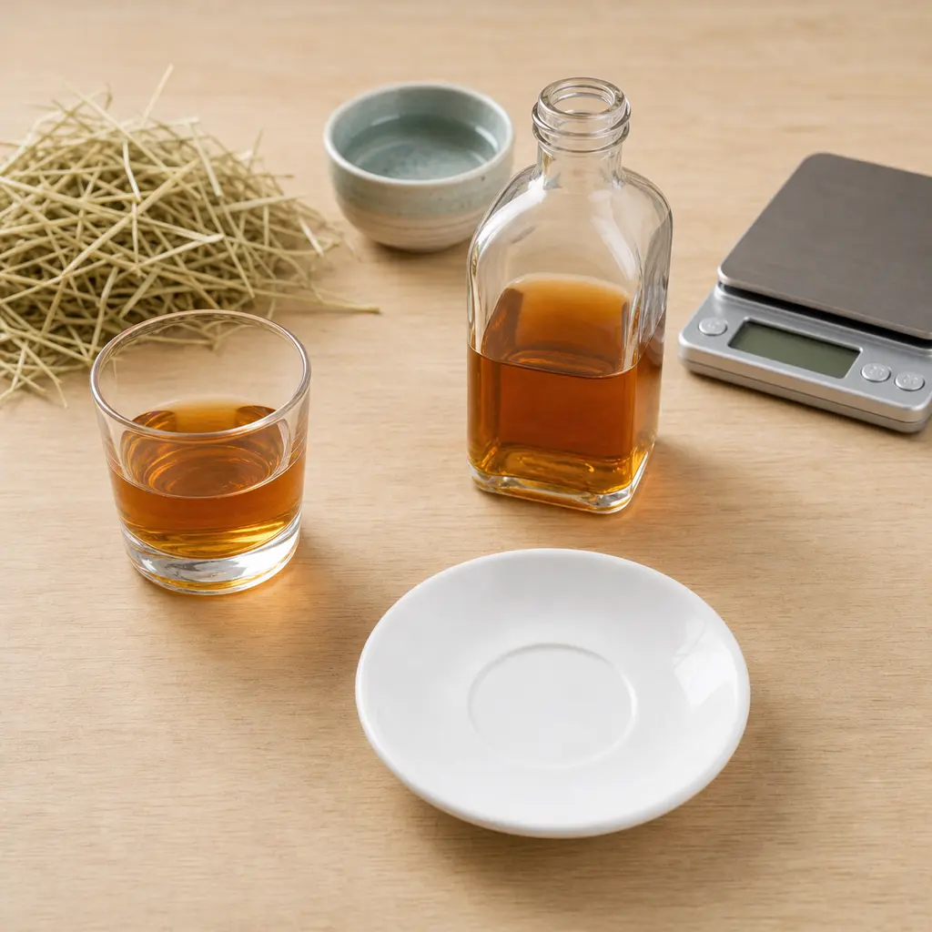 Glass and unmarked bottle of alcohol kept away from an empty saucer, hay, water, and a gram scale.