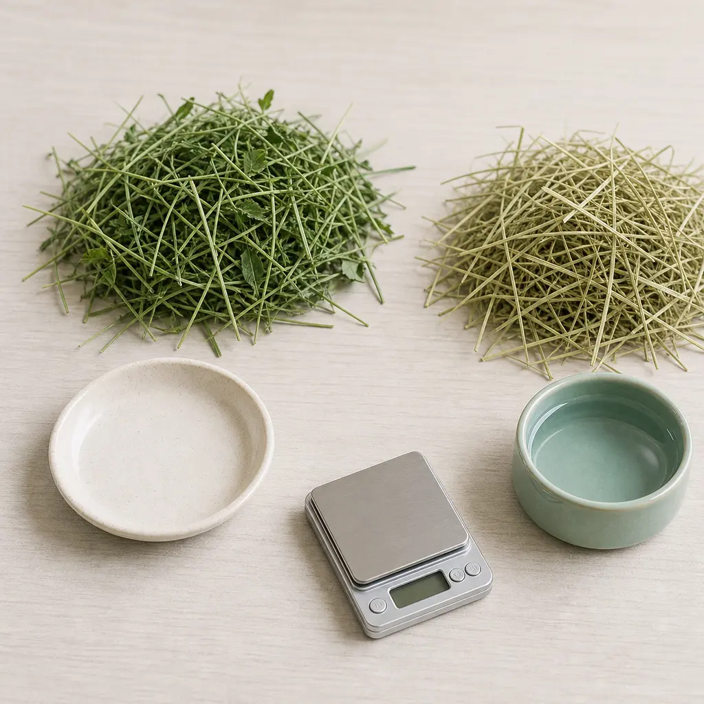 Leafy green alfalfa hay kept beside paler grass hay, an empty saucer, water, and a gram scale.