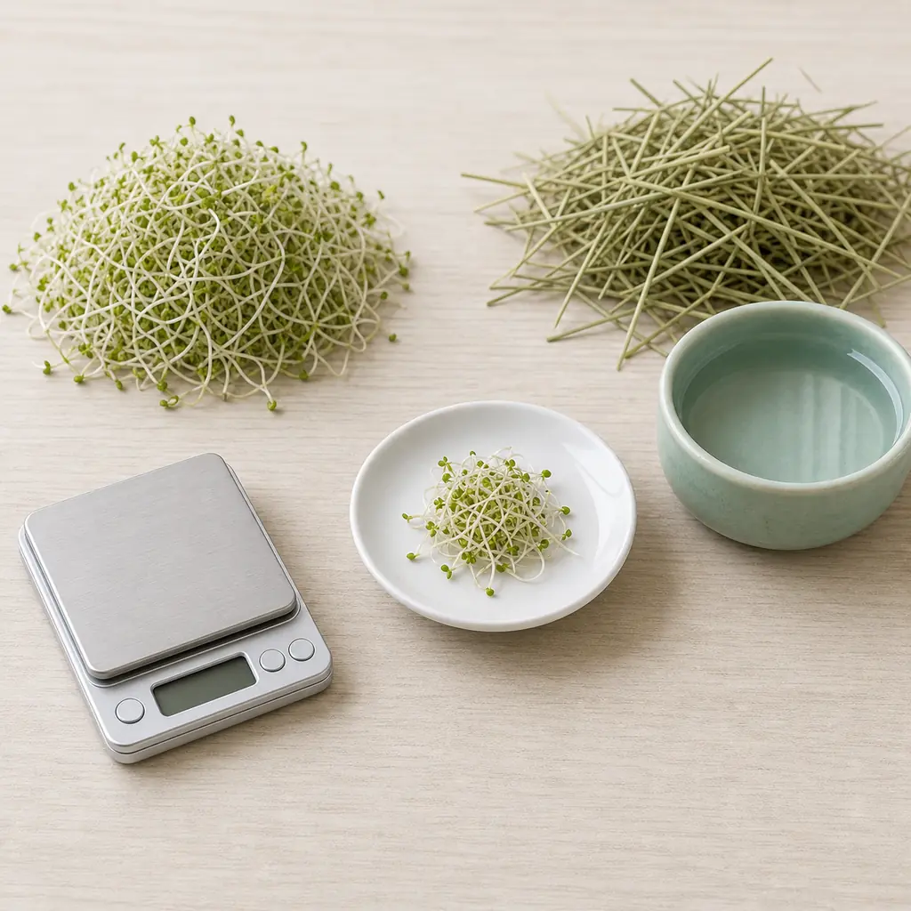 Tiny rinsed alfalfa sprout pinch on a saucer beside extra sprouts, hay, water, and a gram scale.