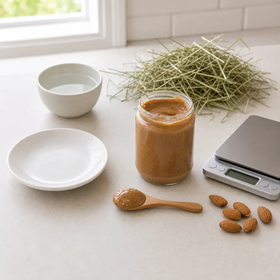 Open jar and spoon of almond butter kept away from an empty saucer, hay, water, and a gram scale.