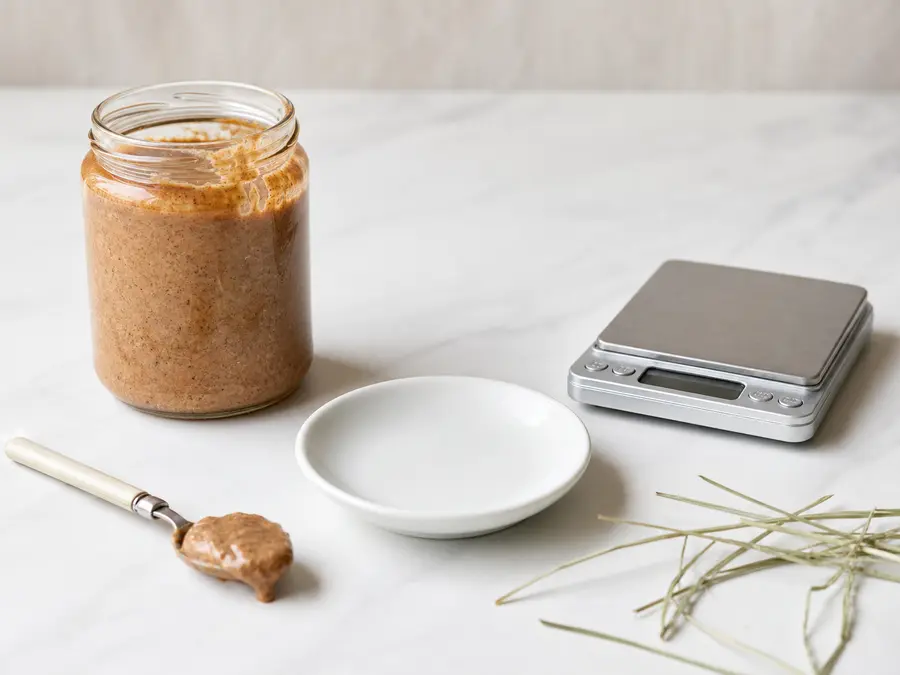 Open jar and spoon of almond butter kept away from a clean saucer, gram scale, and hay.