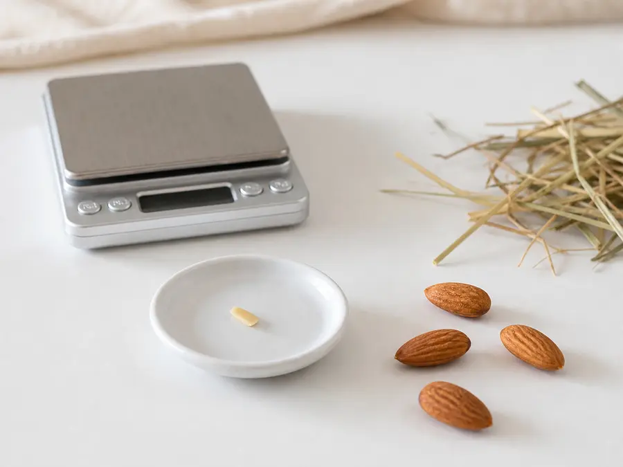 Tiny almond sliver on a saucer beside plain almonds, hay, and a gram scale.