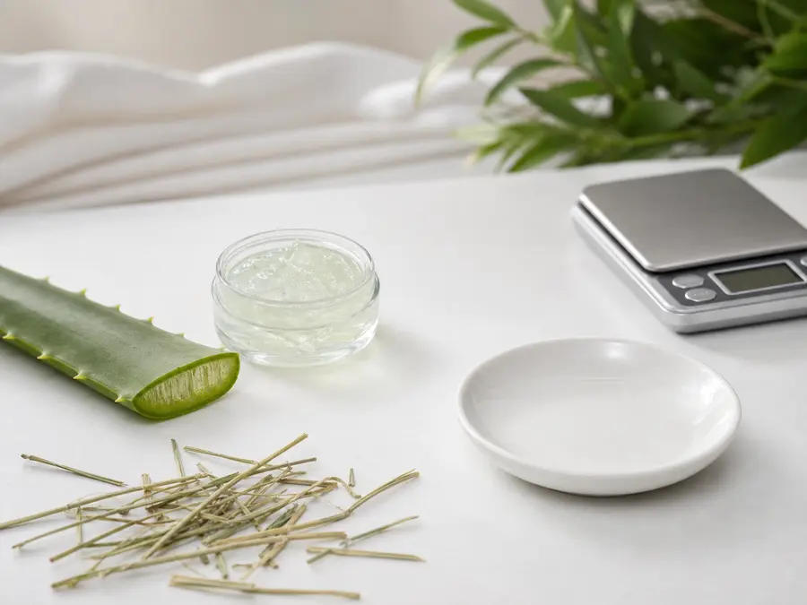 Cut aloe leaf and clear gel kept away from a clean saucer, hay, and gram scale.