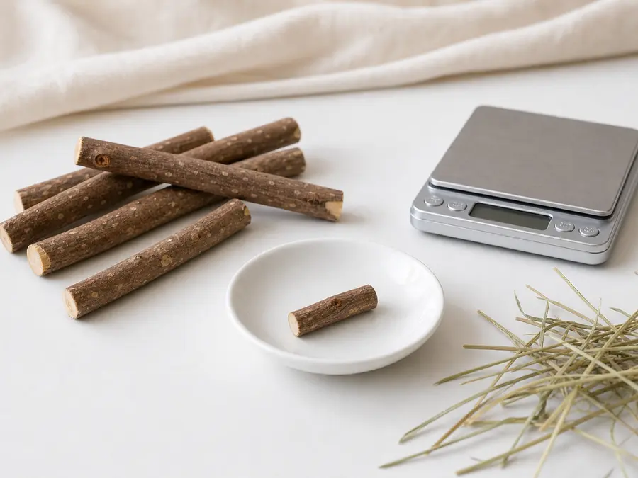 Untreated apple wood sticks on a saucer beside hay and a gram scale for an enrichment safety check.