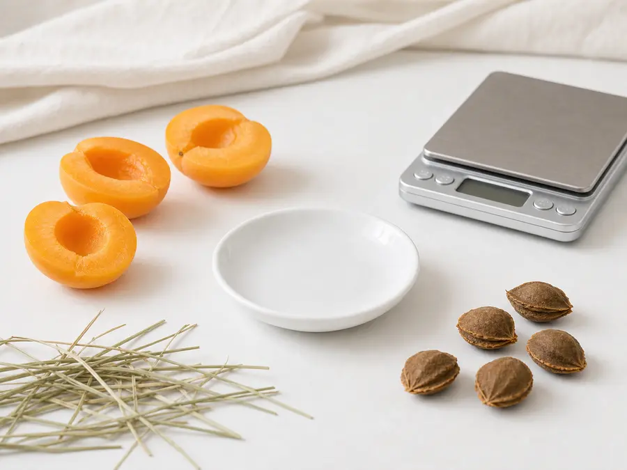 Apricot pits kept separate from apricot halves, a clean saucer, hay, and a gram scale.