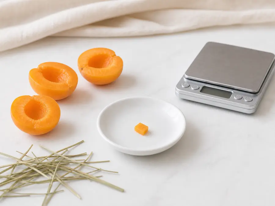 Tiny plain apricot piece on a saucer beside pitted apricot halves, hay, and a gram scale.