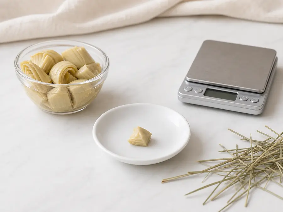 Tiny plain artichoke heart piece on a saucer beside artichoke hearts, hay, and a gram scale.