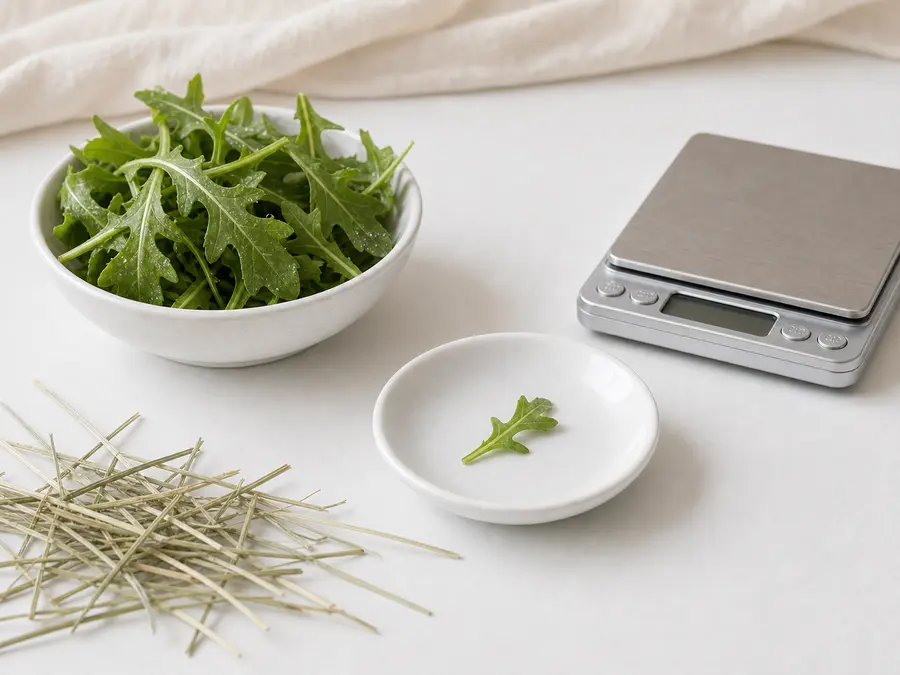 Tiny washed arugula leaf on a saucer beside fresh arugula, hay, and a gram scale.