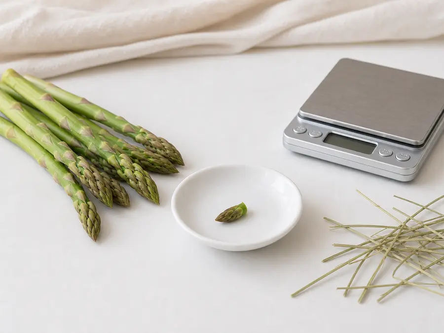 Tiny plain asparagus tip on a saucer beside asparagus spears, hay, and a gram scale.