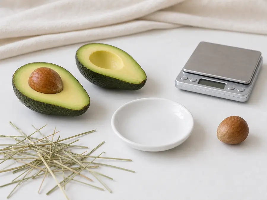 Avocado halves and pit kept away from a clean saucer, hay, and a gram scale.